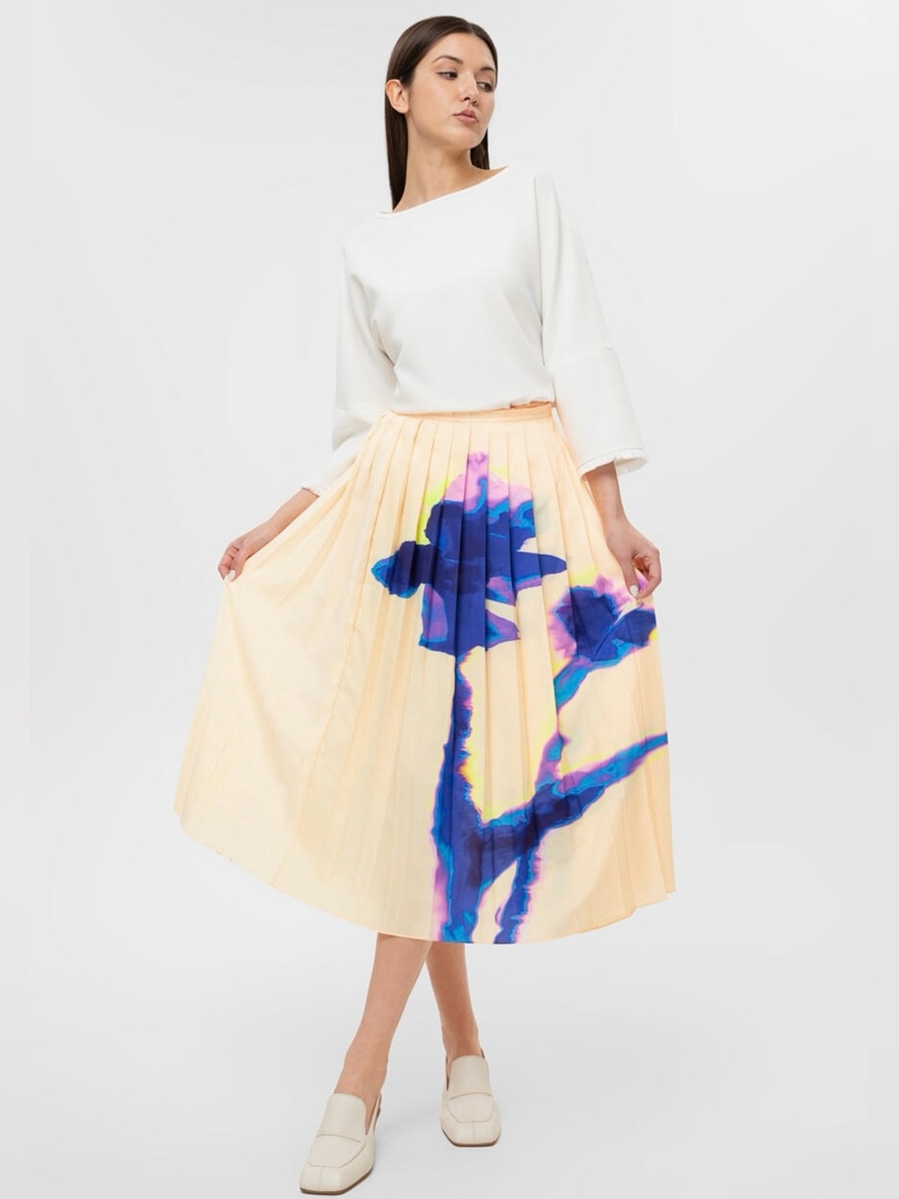 NWOT Sportmax Max Mara Italy Pleated Midi Skirt Abstract Watercolor Print IT 44